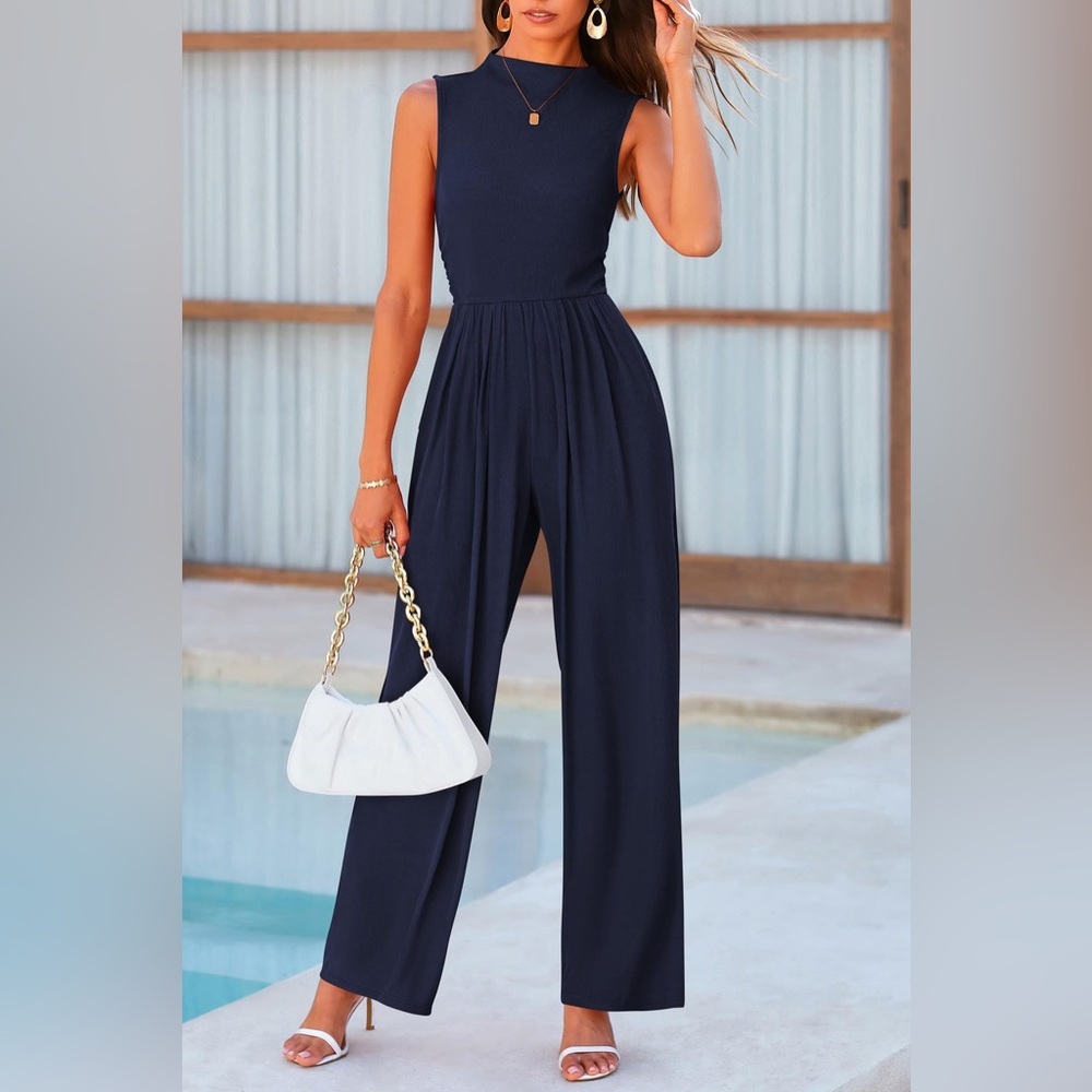 PrettyGarden Sleeveless Mock Neck Wide Leg Jumpsuits With Pockets